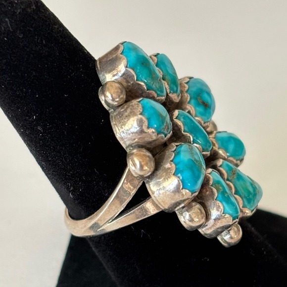 Vintage Navajo Turquoise Cluster Sterling Silver Size 8 Southwestern - Picture 6 of 9